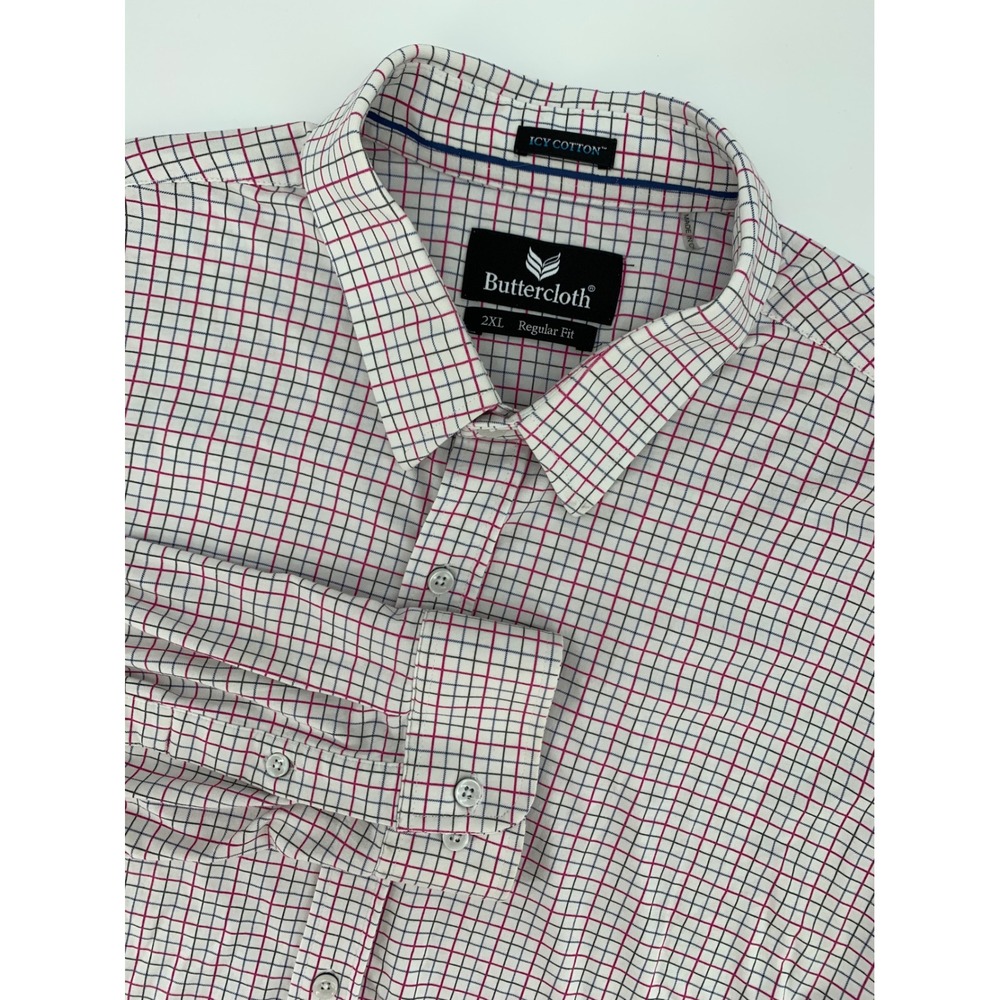 Buttercloth Shirt Mens 2XL White Pink‎ Blue Check Icy Cotton Regular Fit Button